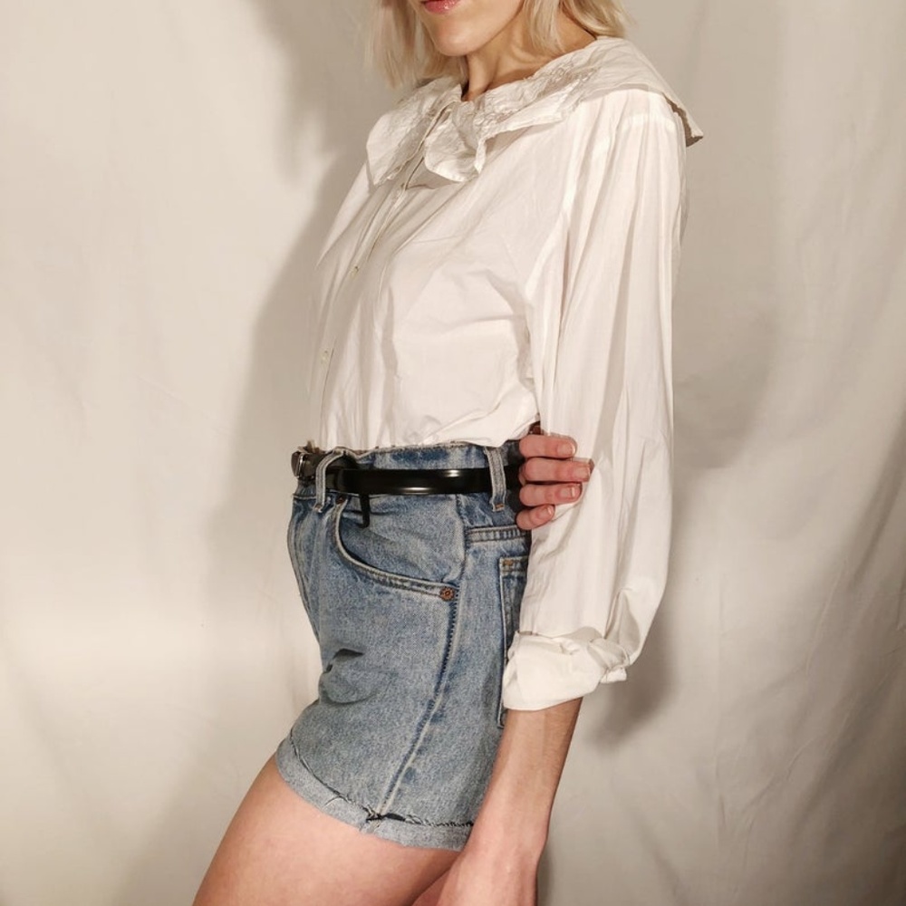 Crisp White Puritan Collar Button Up Shirt Blouse